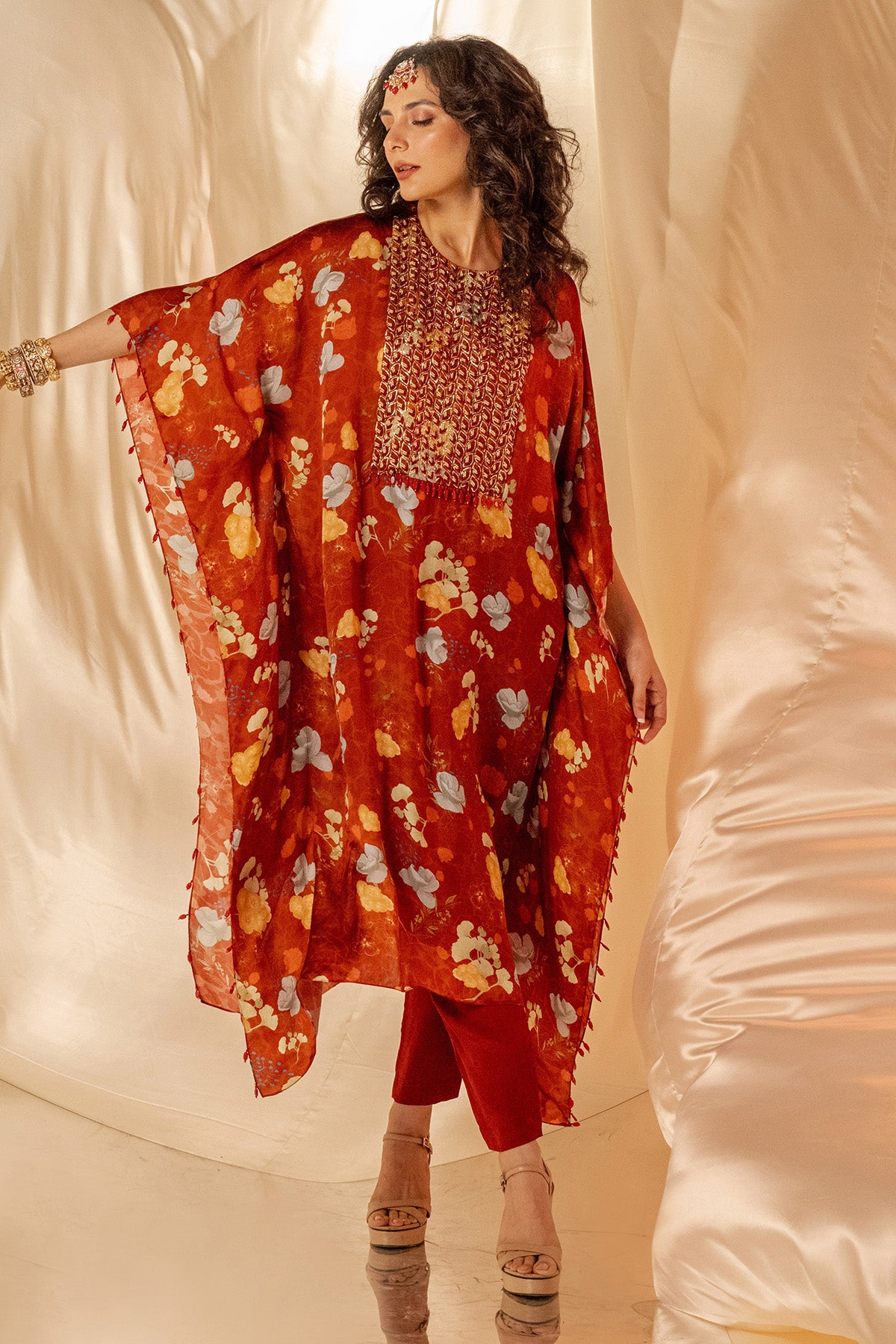 Rust Embroidered Kaftan & Pants