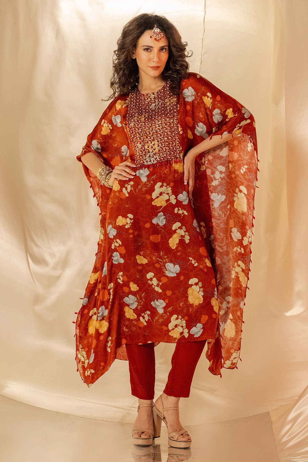 Rust Embroidered Kaftan & Pants