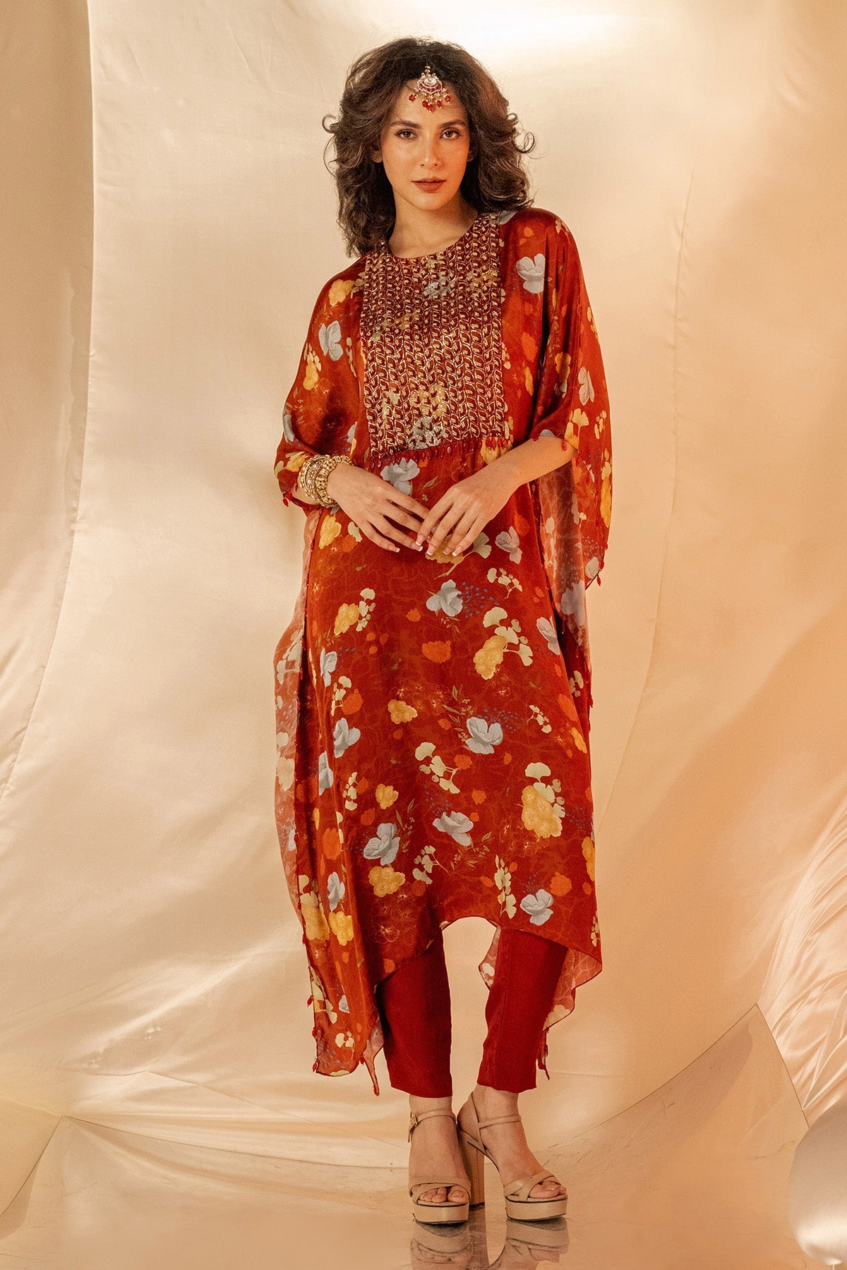 Buy Rust Embroidered Kaftan & Pants by Shristi Chetani for women online at ScrollnShops