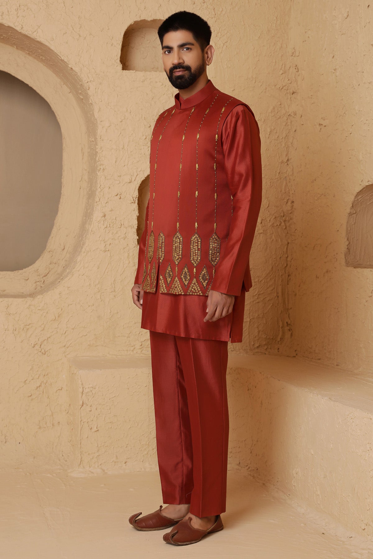 Rust Embroidered Kurta & Pants