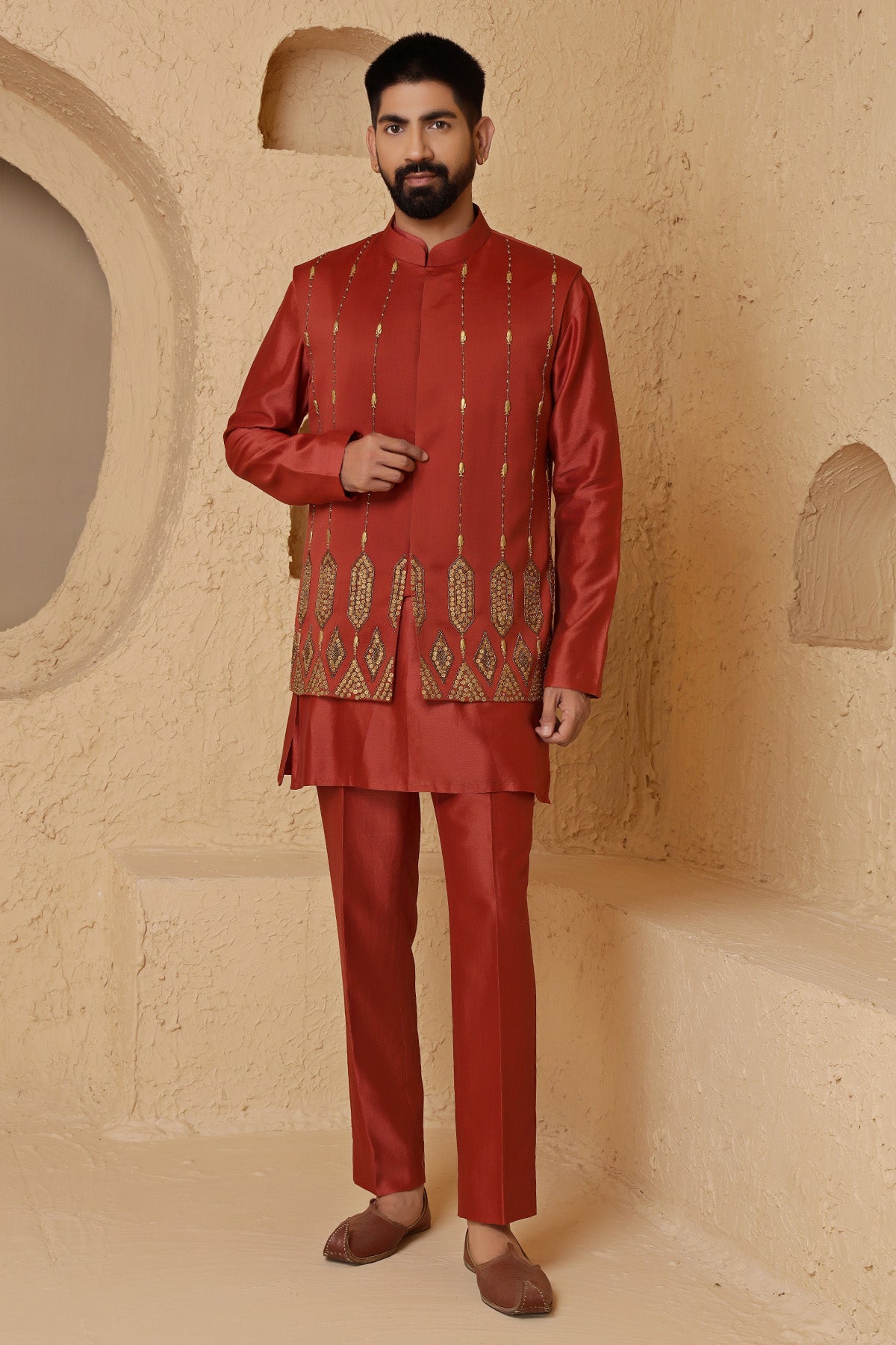 Buy Rust Embroidered Kurta & Pants for Men by Designer Harshita Dhanawat available online at ScrollnShops