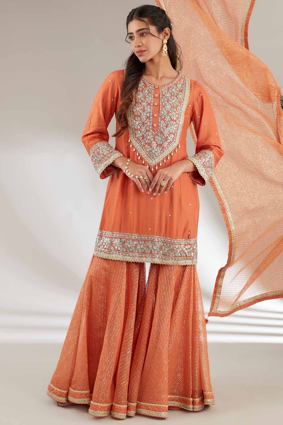 Rust Embroidered Yoke Garara Set