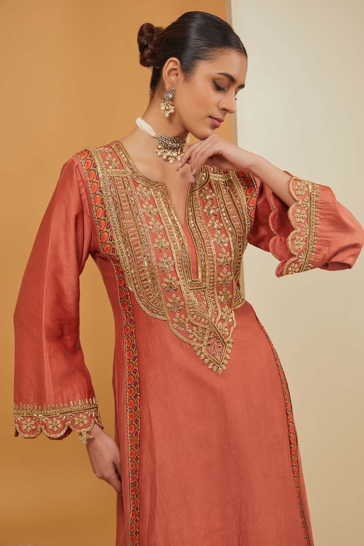 Rust Embroidered Yoke Kurta Set
