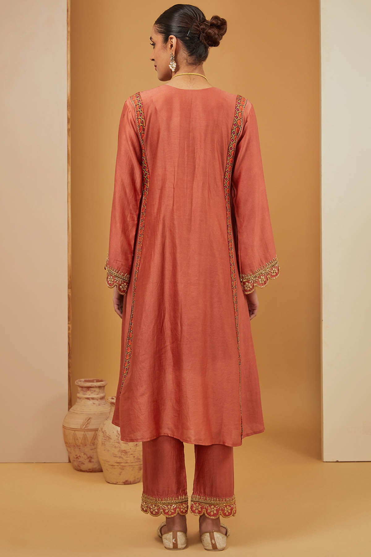 Rust Embroidered Yoke Kurta Set