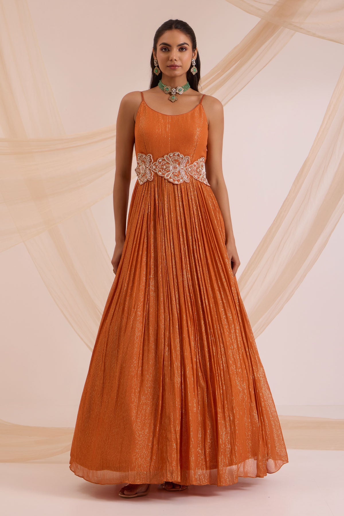 Rust Floral Work Anarkali Set