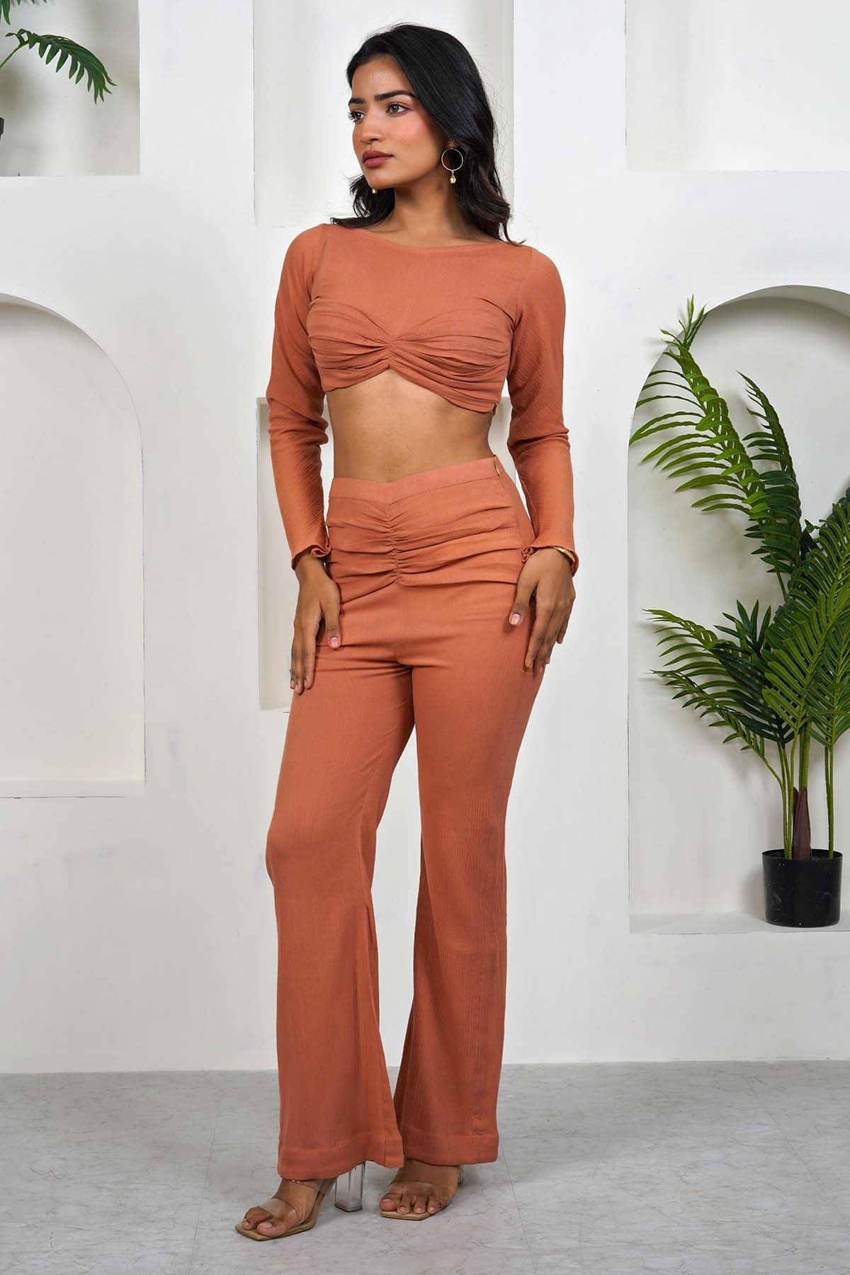 Imrie Rust Gathered Crop Top & Pants for women online at ScrollnShops