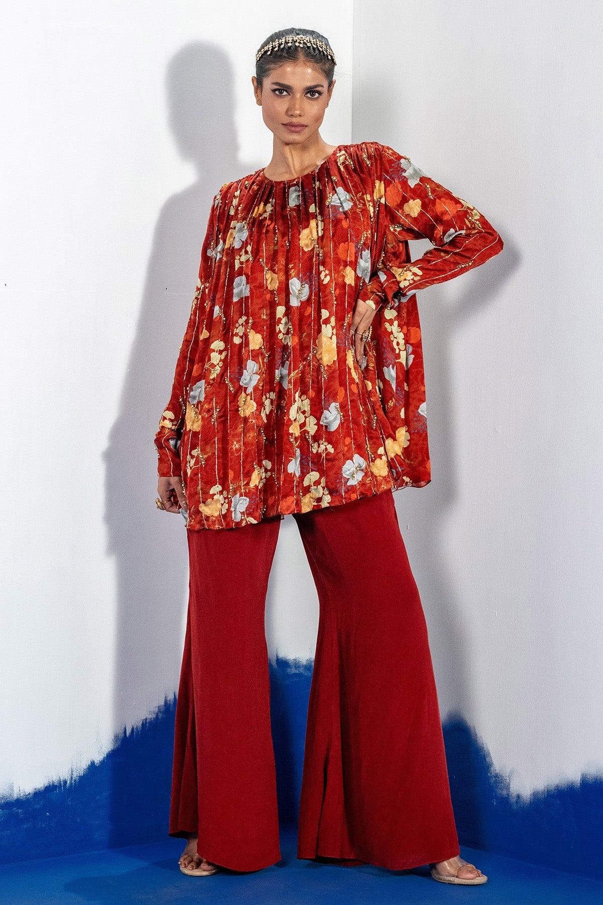 Buy Rust Gathered Short Kurta Set by Shristi Chetani for women online at ScrollnShops