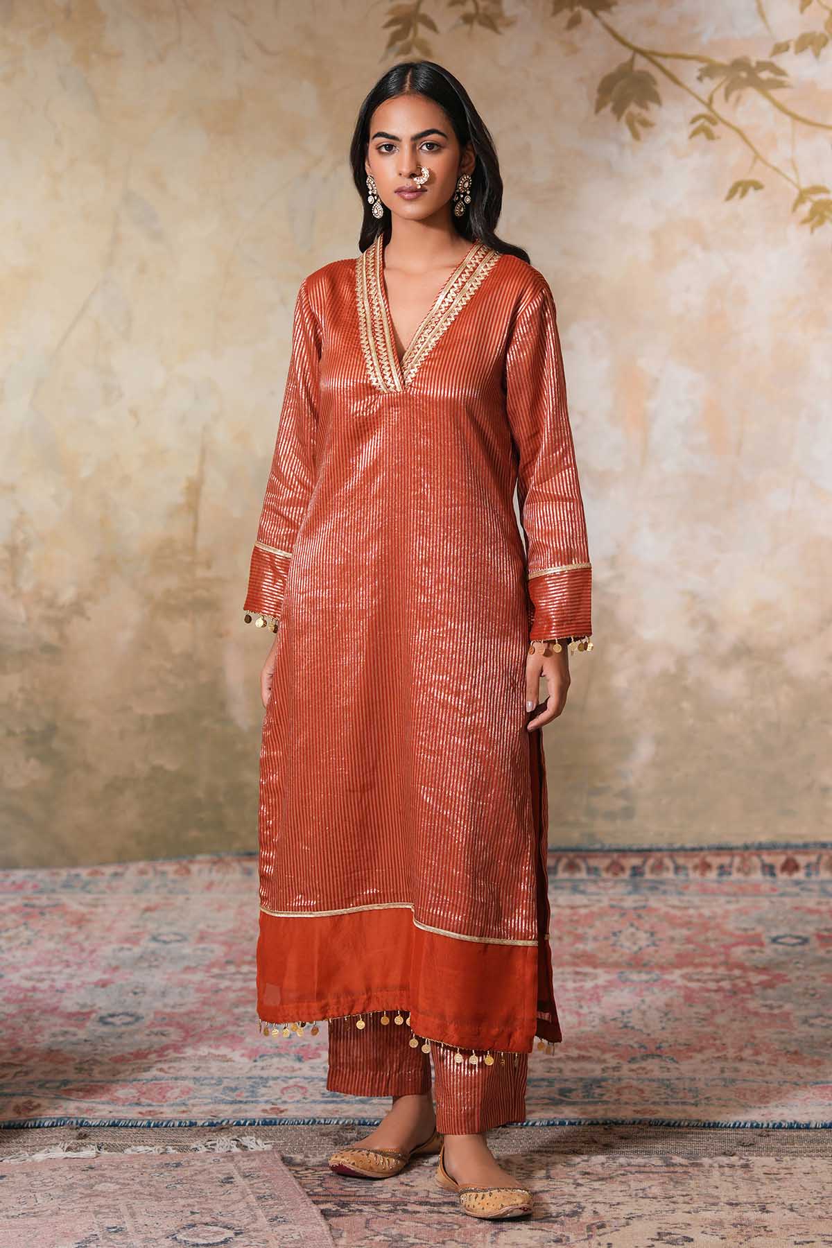 Buy Rust Gota Work Kurta & Pants by Ugna by Unnati for women online at ScrollnShops