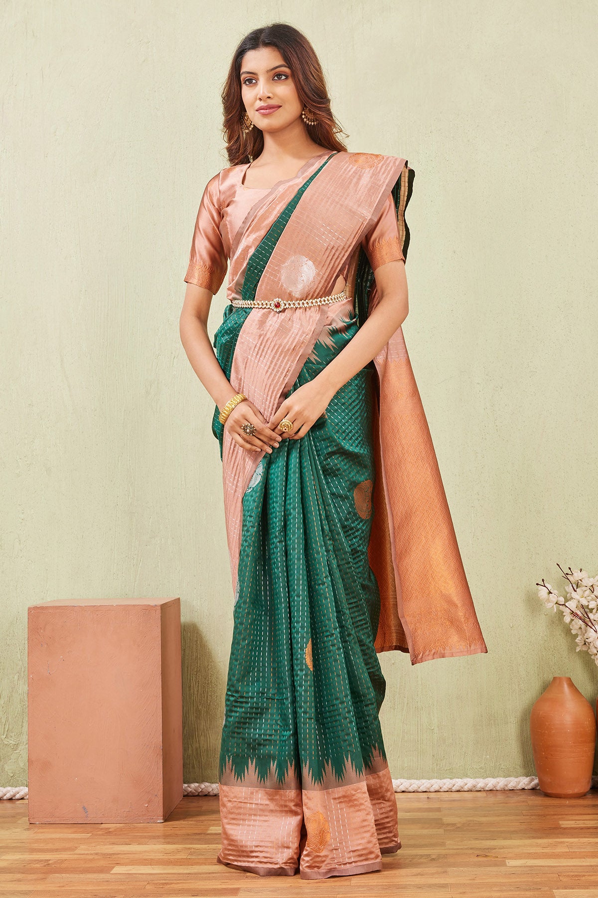 Rust Green Floral Border Saree