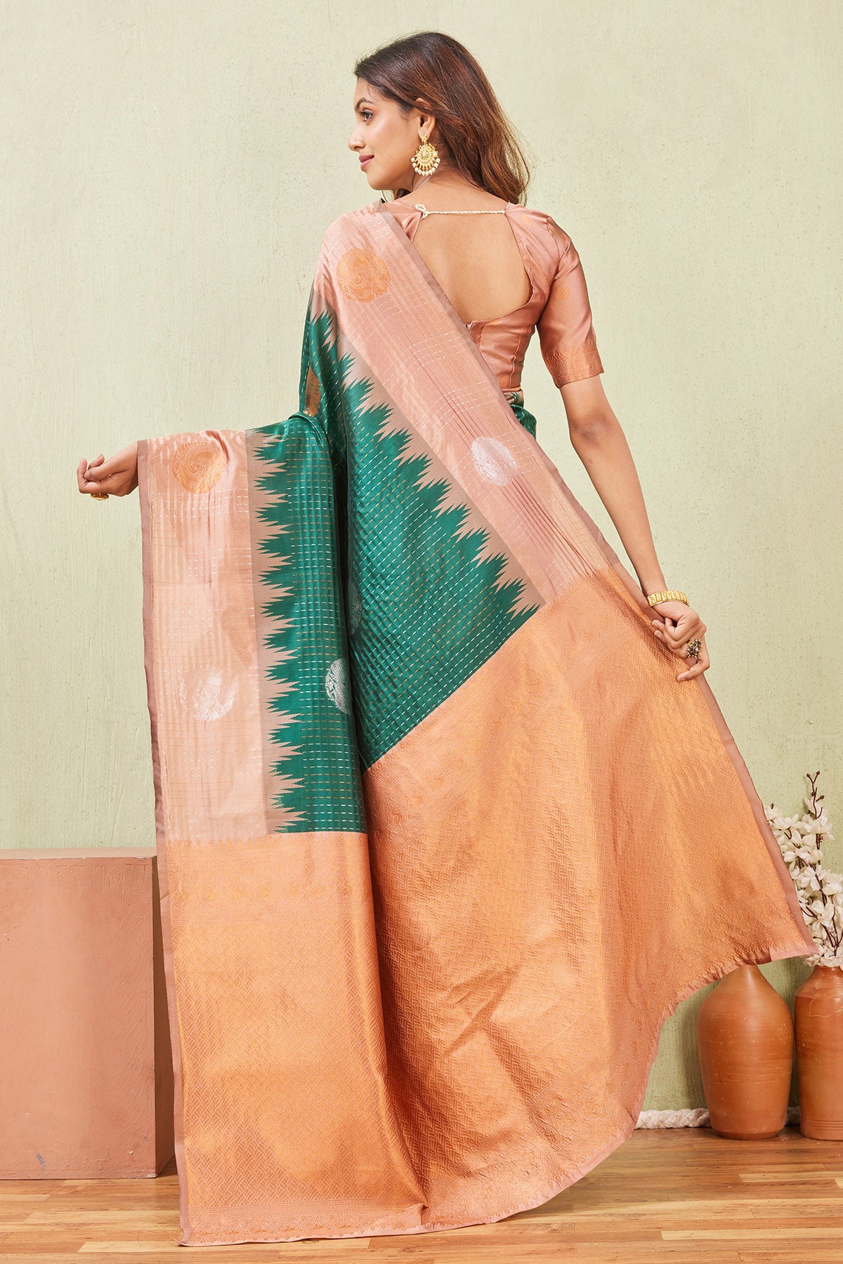 Rust Green Floral Border Saree