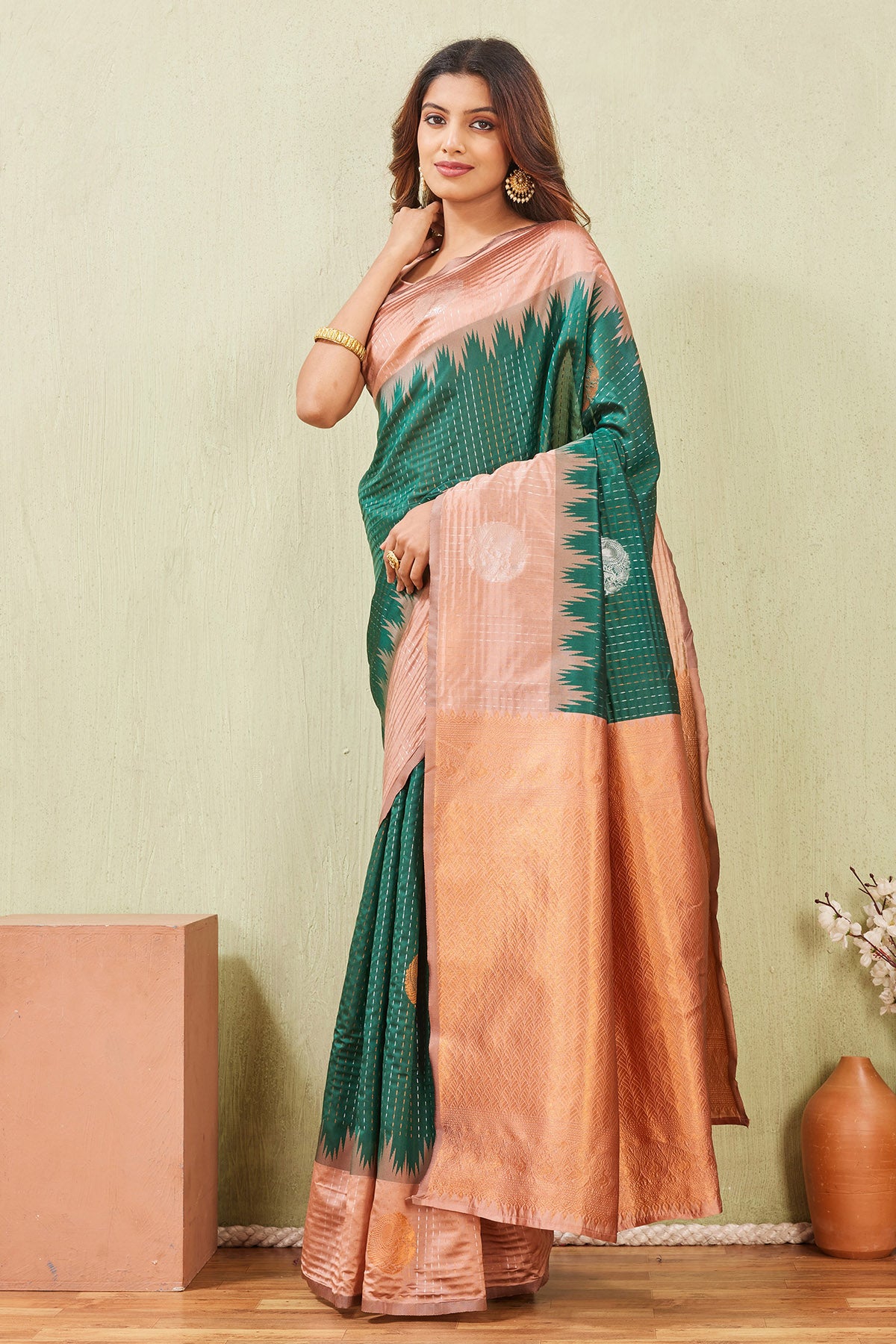 Rust Green Floral Border Saree