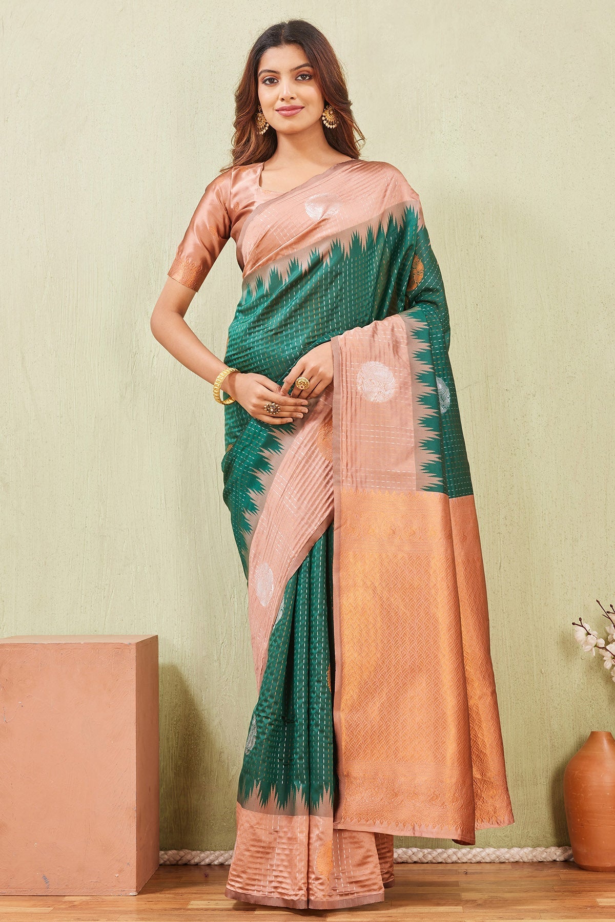 Buy Rust Green Floral Border Saree for women by Aastha Fashion online available at scrollnshops