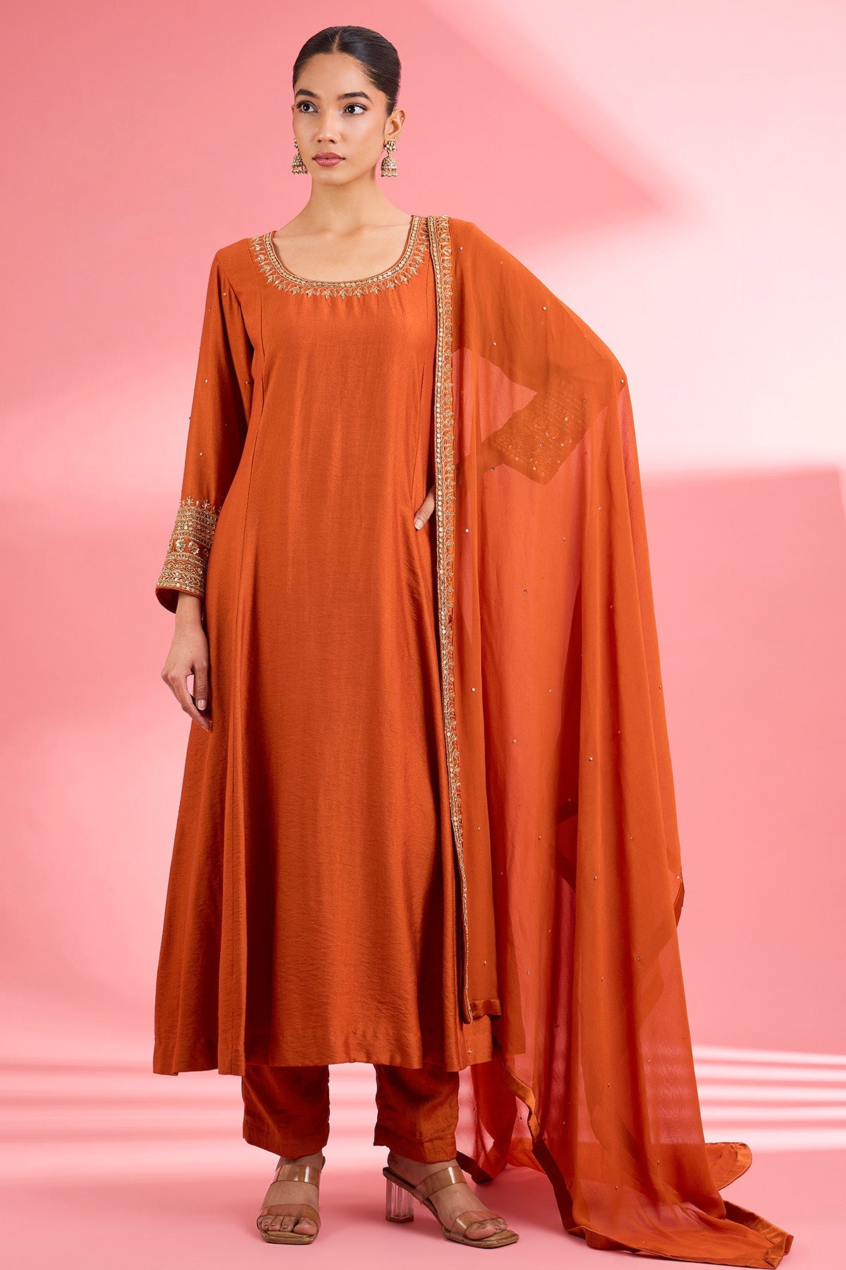 Buy Rust Katan Silk Dabka Kurta Set for women by Milu Madan online available at scrollnshops