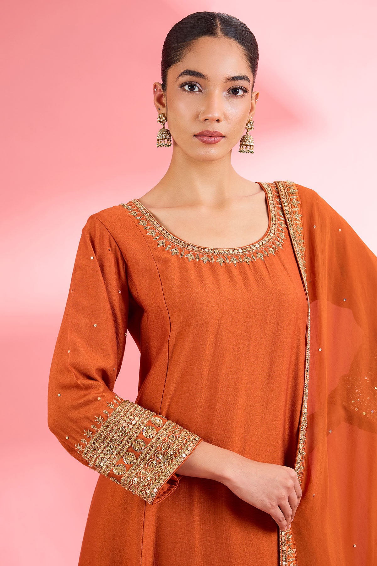 Rust Katan Silk Dabka Kurta Set