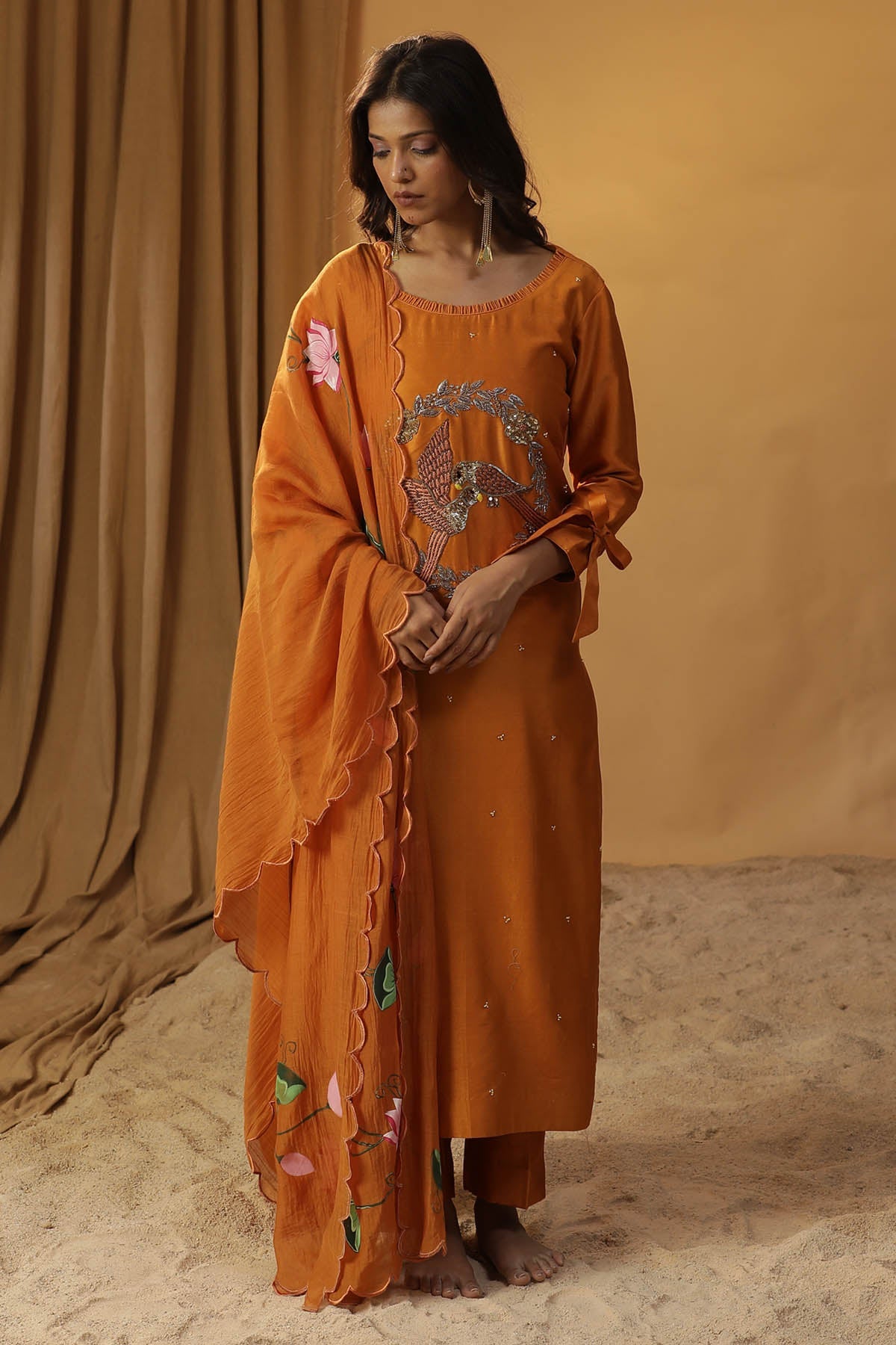 Arpita Sulakshana Rust Orange Chanderi Kurta Set for women online at ScrollnShops