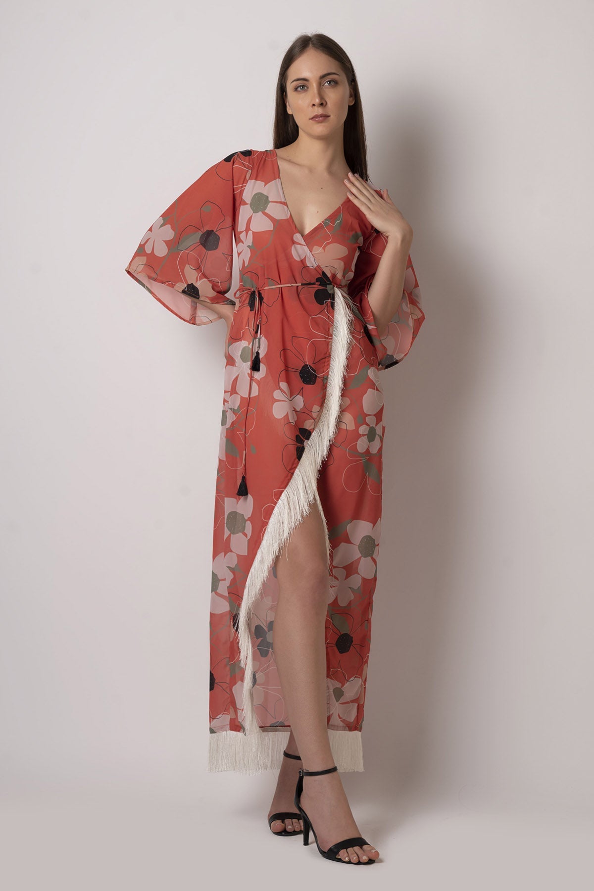 Buy Designer Rust Orange Floral Wrap Dress for Women Online
