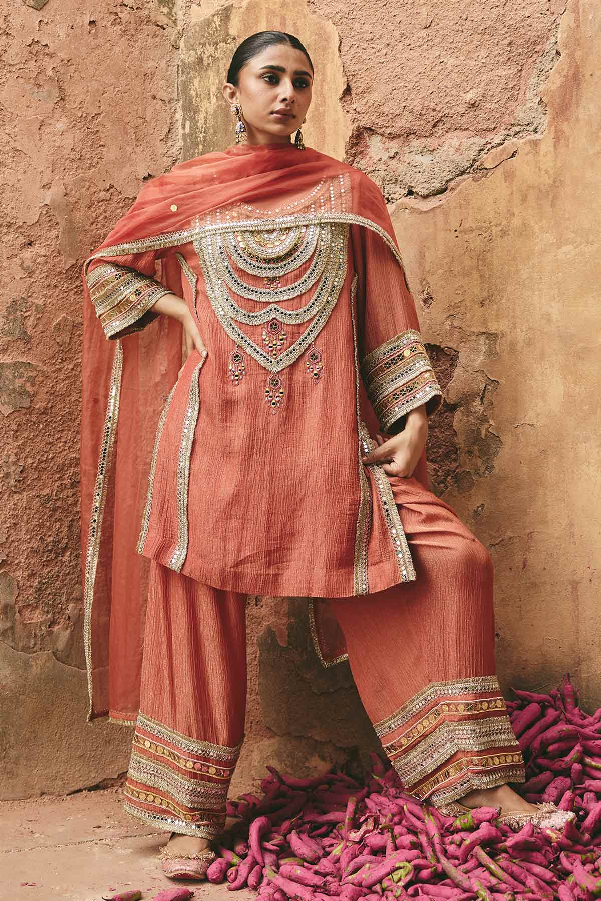 Buy Rust Orange Mirror Kurta Set for women by Ajiesh Oberoi online available at scrollnshops