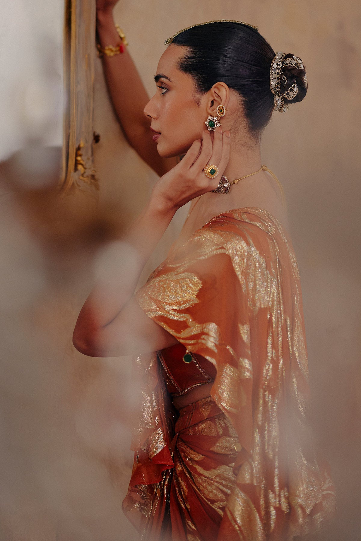 Rust Orange Motifs Saree Set