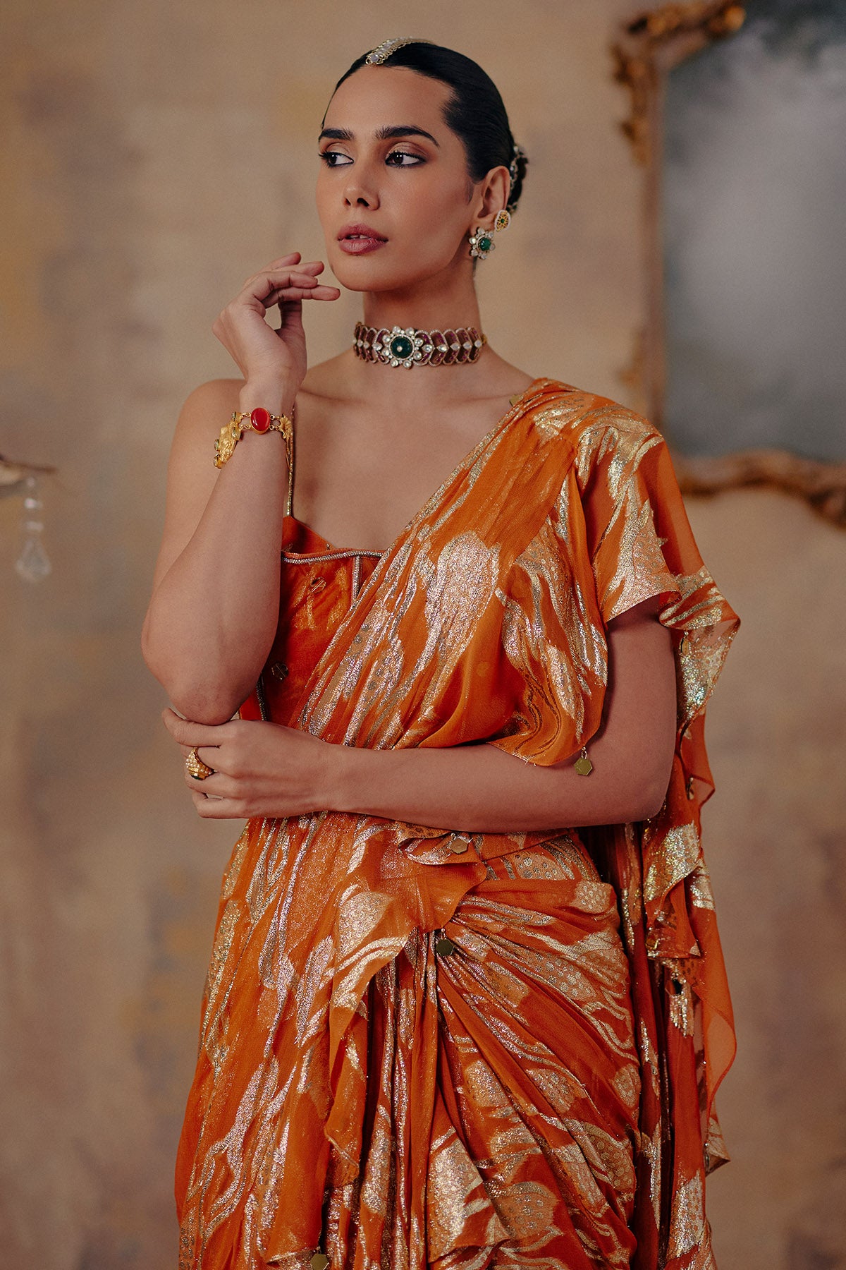 Rust Orange Motifs Saree Set