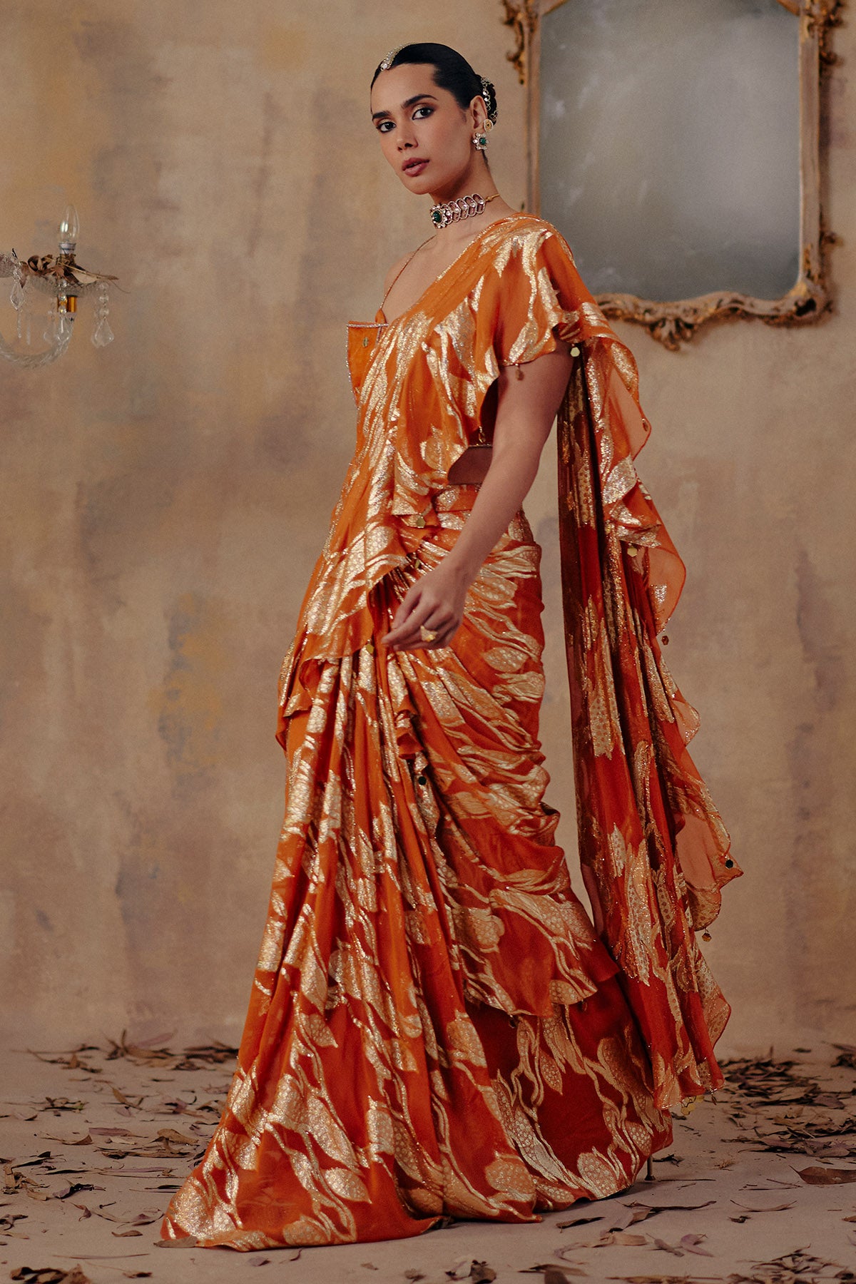 Rust Orange Motifs Saree Set