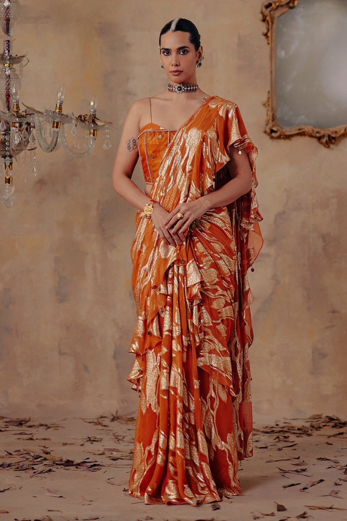 Buy Rust Orange Motifs Saree Set for women by Ajiesh Oberoi online available at scrollnshops