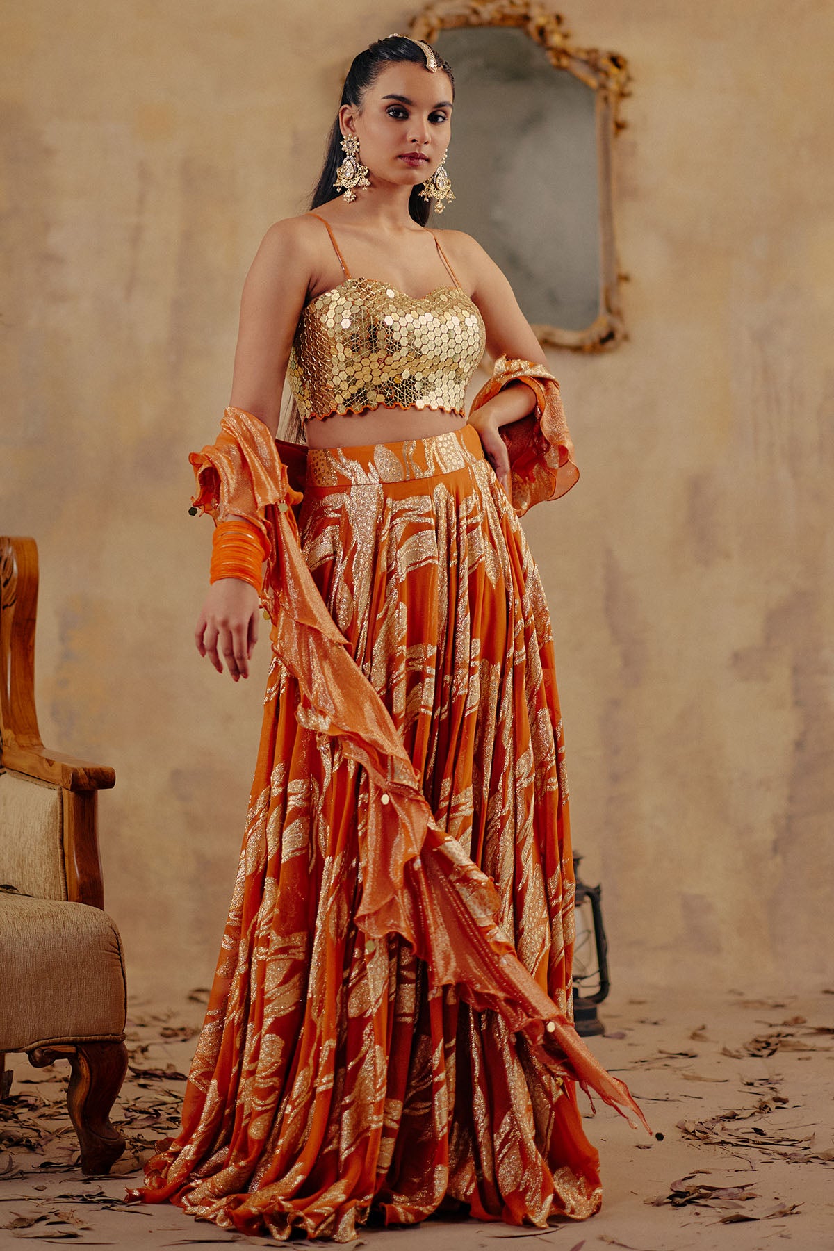 Rust Orange Printed Lehenga Set