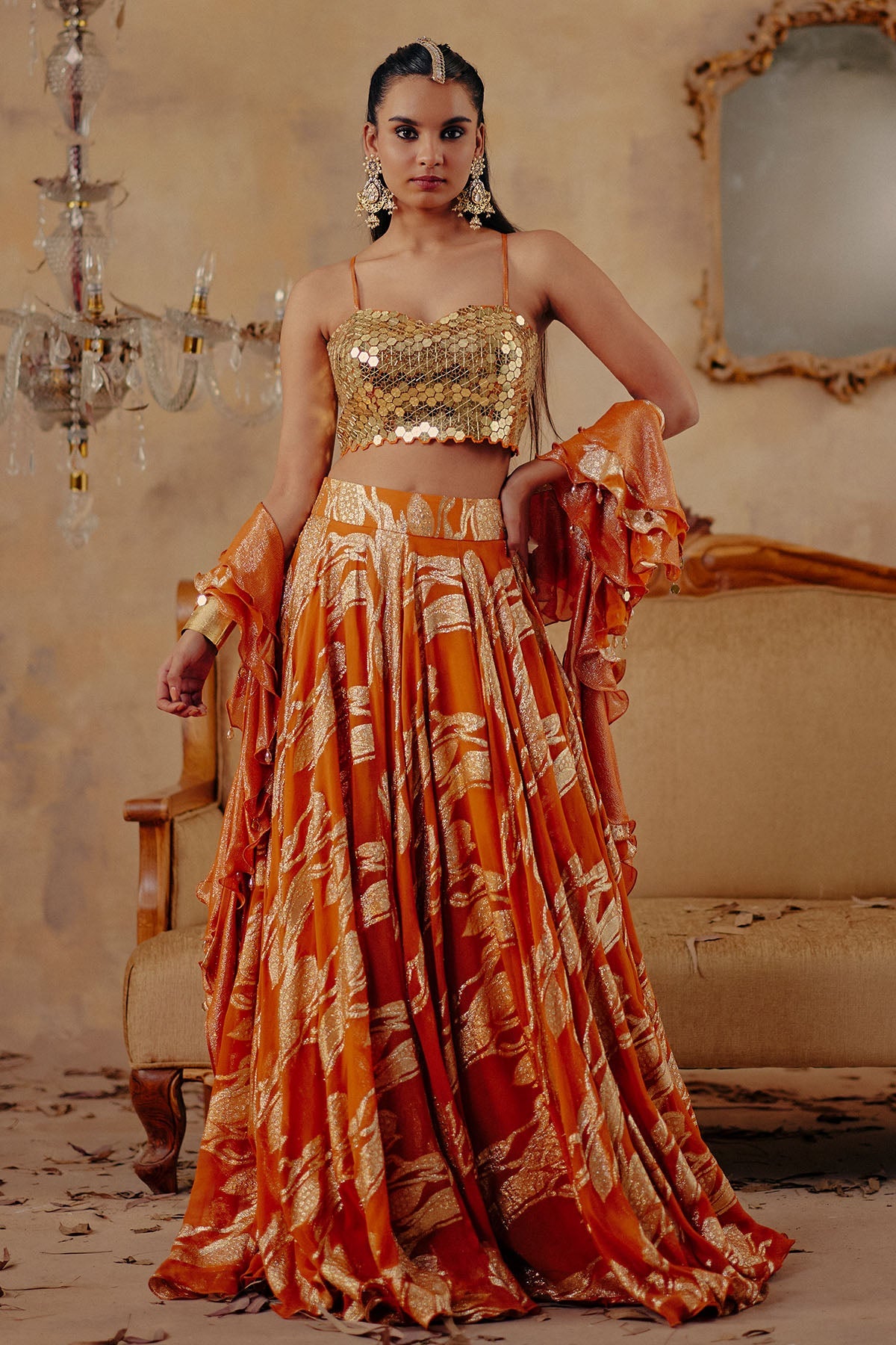 Buy Rust Orange Printed Lehenga Set for women by Ajiesh Oberoi online available at scrollnshops