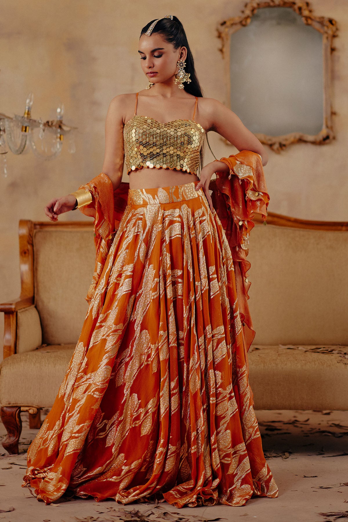 Rust Orange Printed Lehenga Set