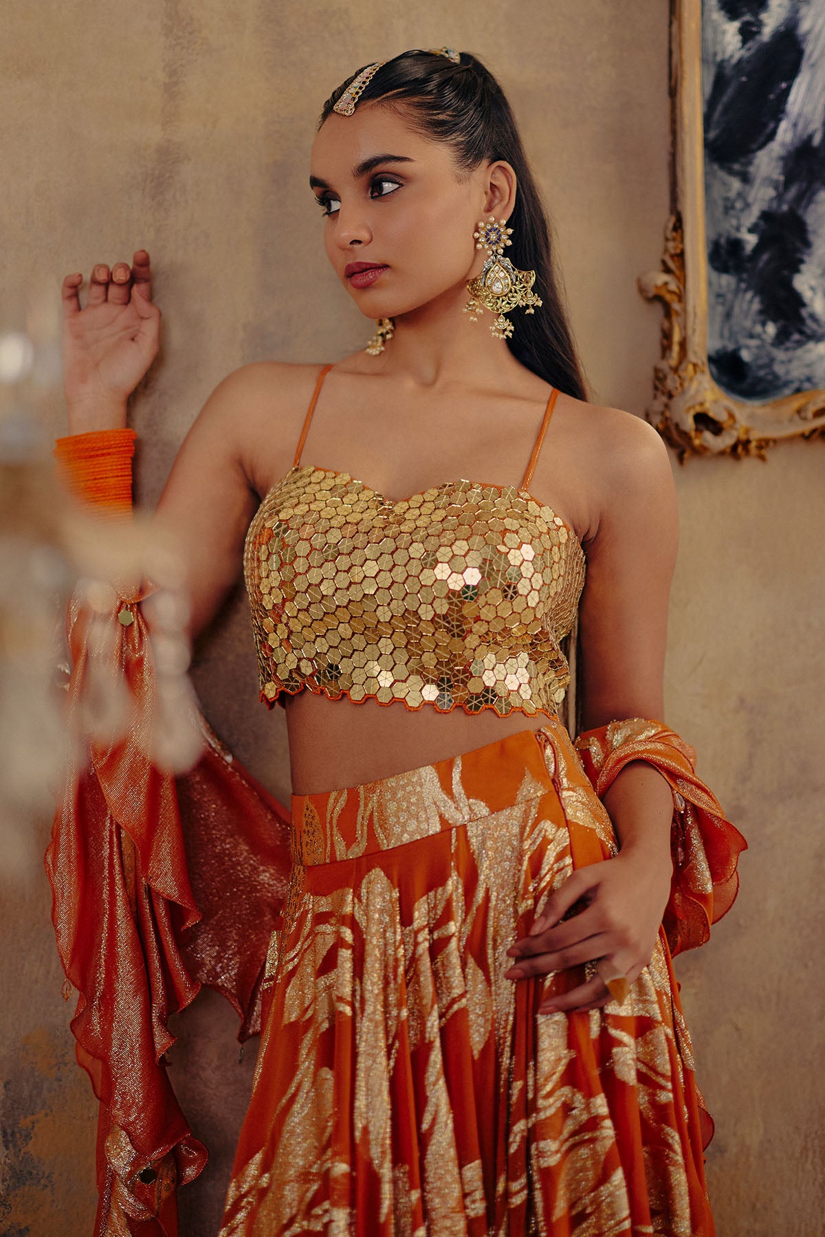 Rust Orange Printed Lehenga Set