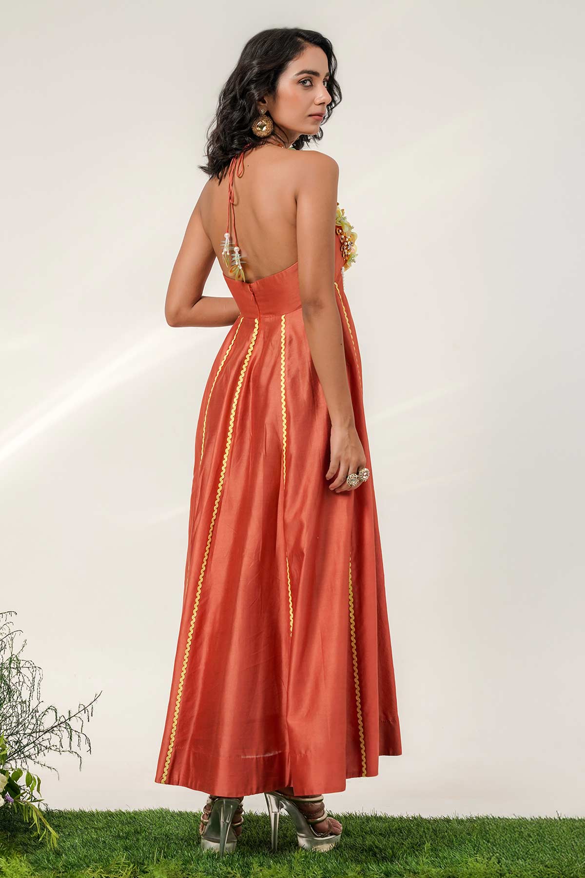 Rust Panelled Flare Midi Dress