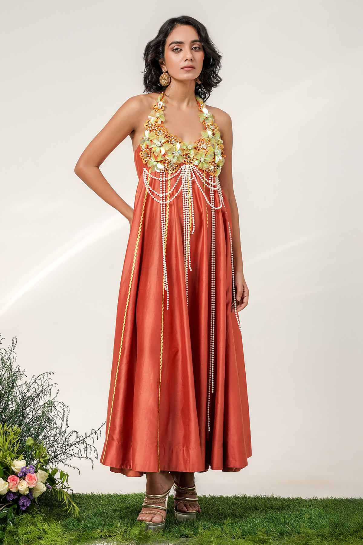 Buy Rust Panelled Flare Midi Dress for women by Shwetanga online available at scrollnshops
