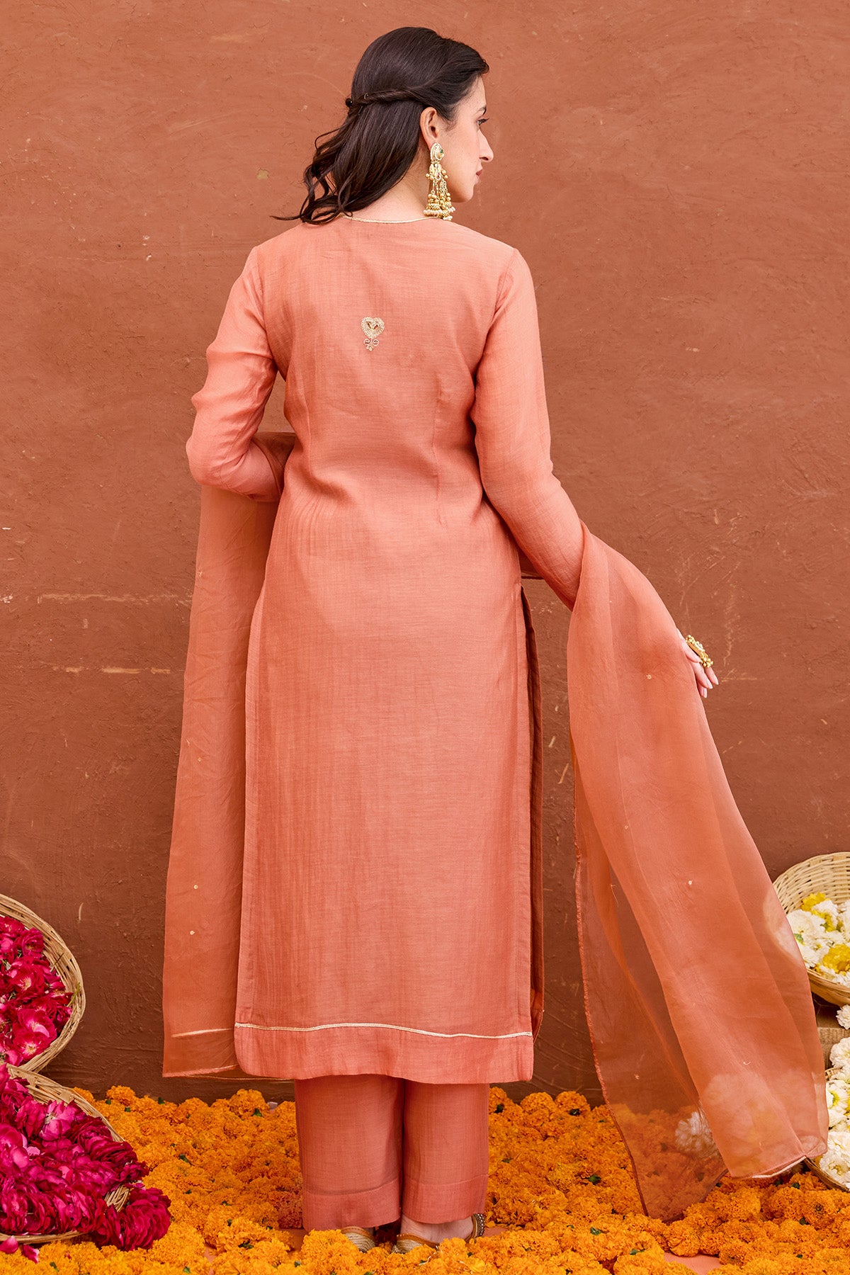 Rust Peach Chanderi Kurta Set