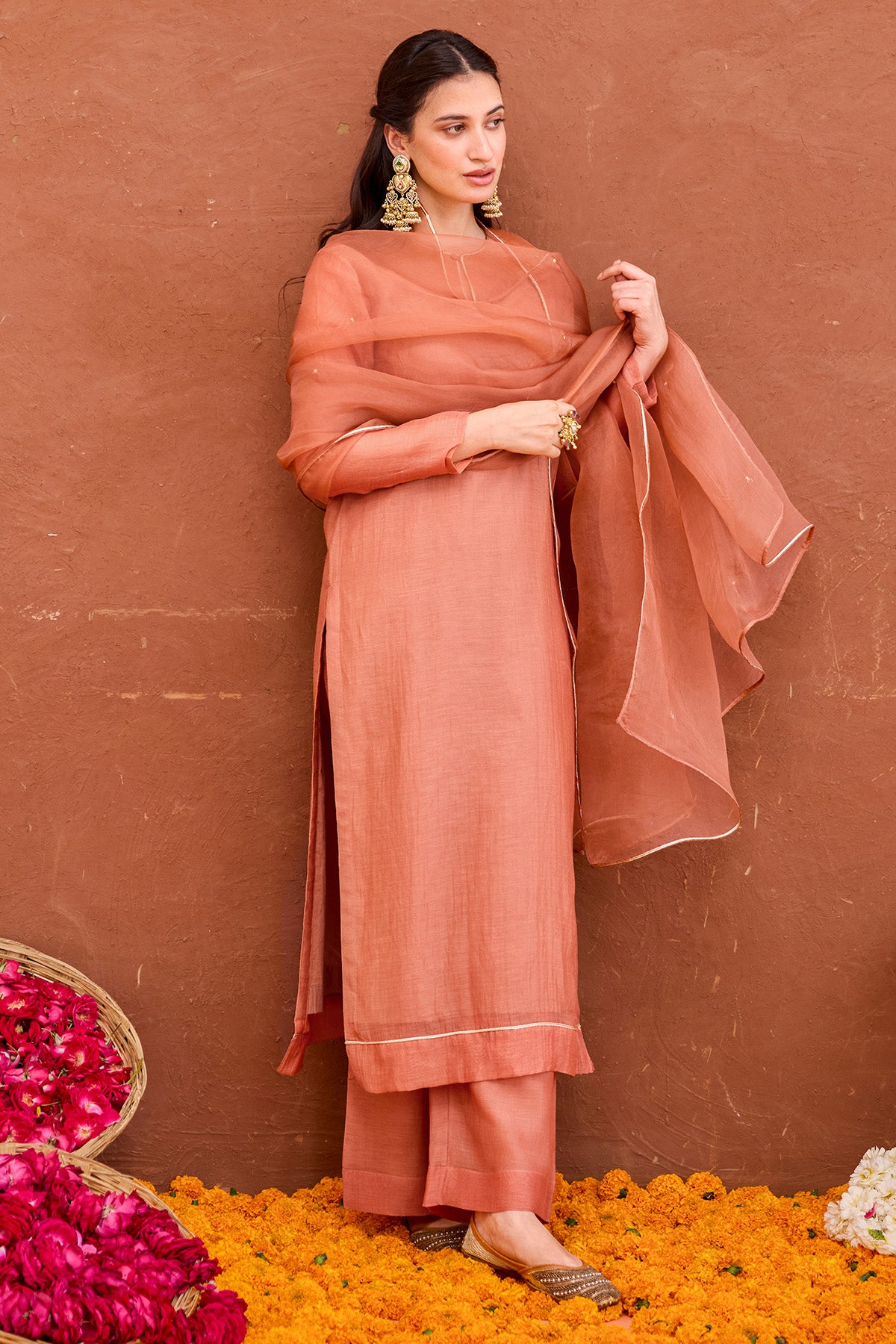 Rust Peach Chanderi Kurta Set