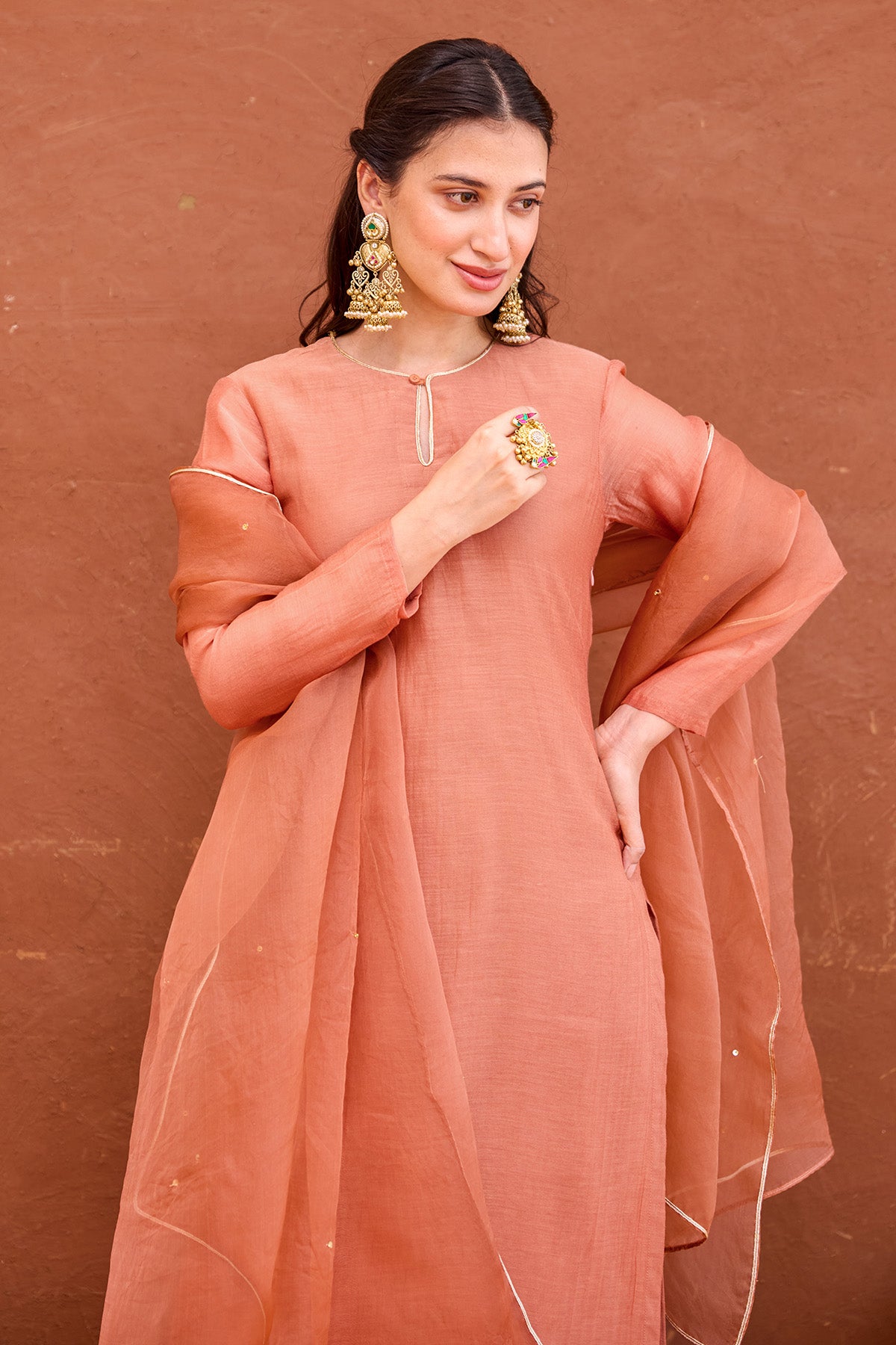 Rust Peach Chanderi Kurta Set