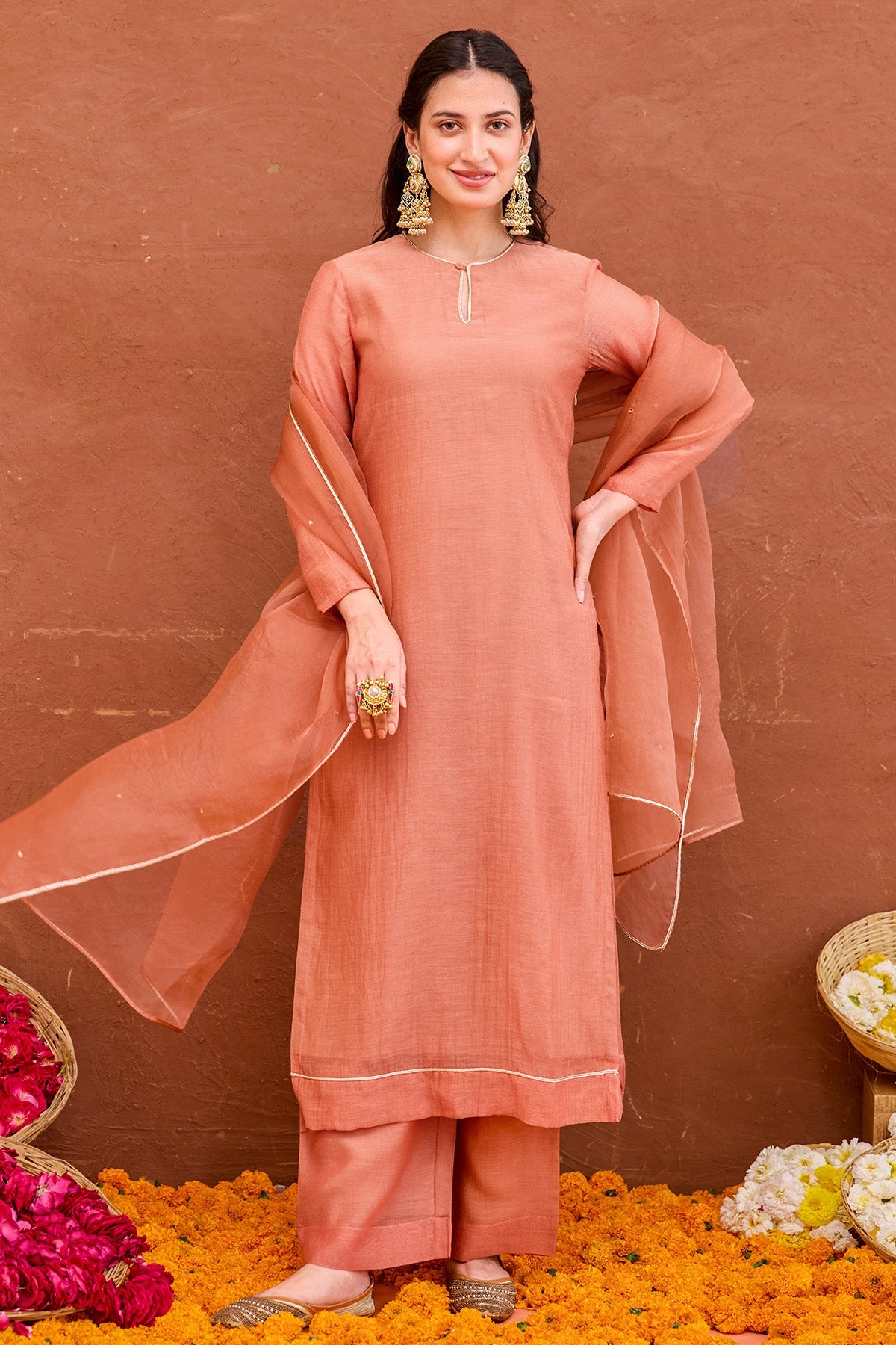 Buy Rust Peach Chanderi Kurta Set for women by Taro India online available at scrollnshops