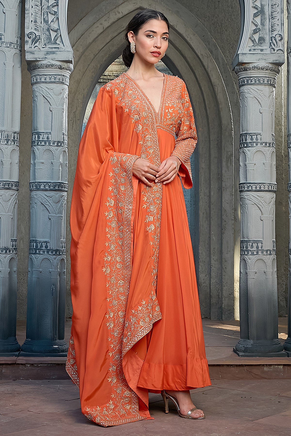 Rust Pearl Sequins Anarkali Set