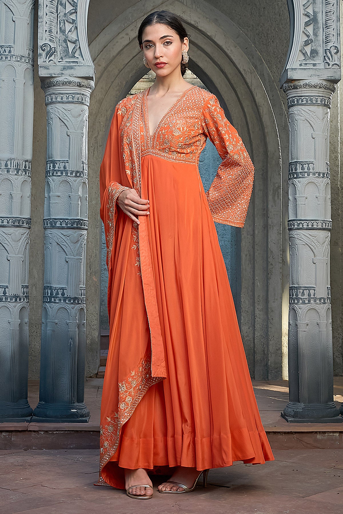 Rust Pearl Sequins Anarkali Set
