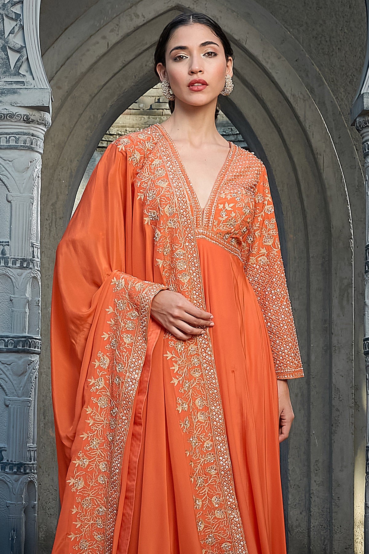 Rust Pearl Sequins Anarkali Set
