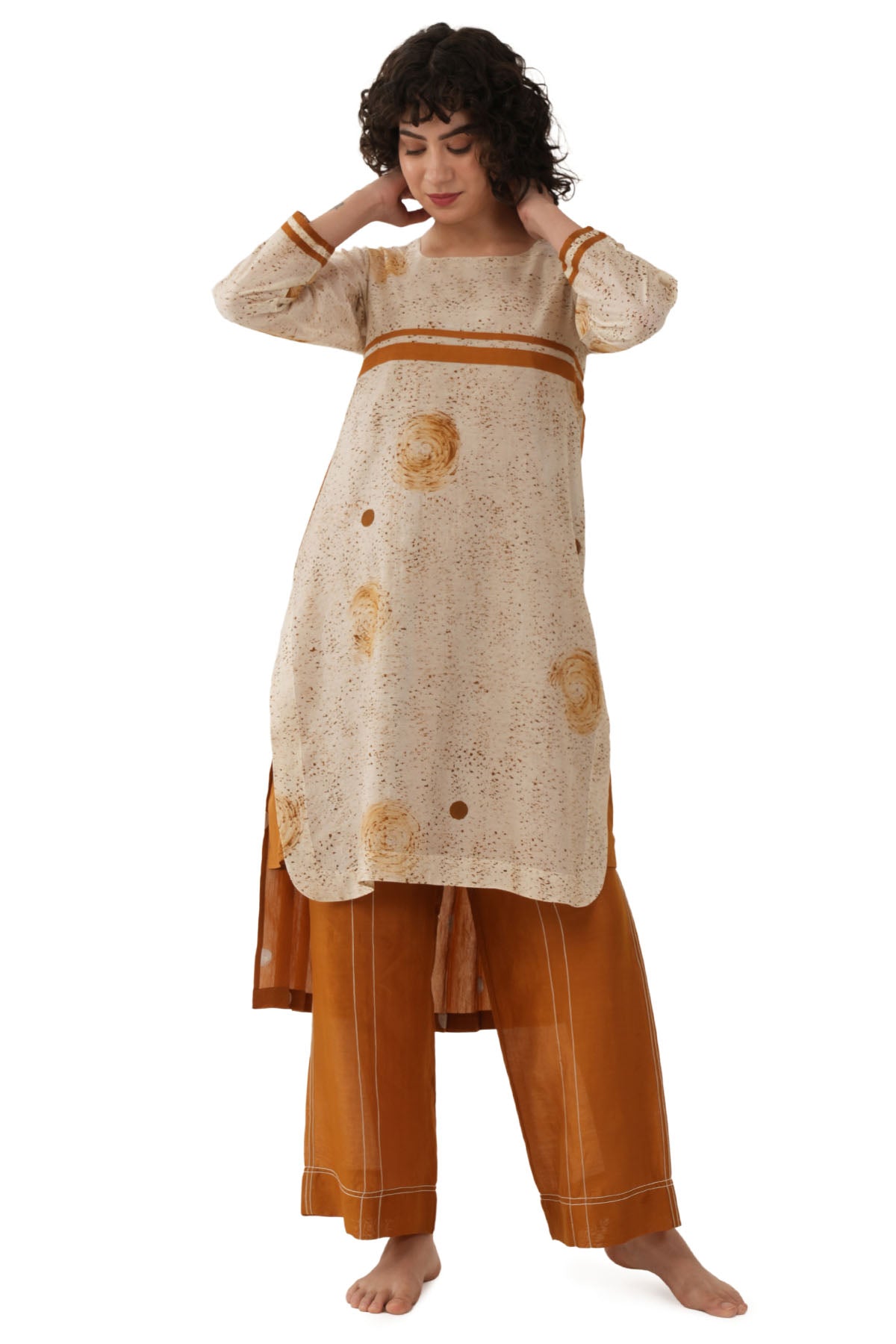 Rust Polka Pleated Kurta & Pant