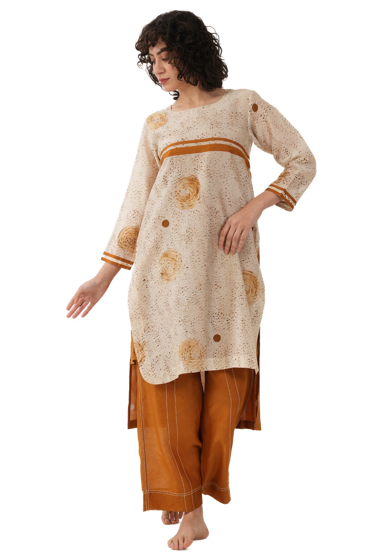 Rust Polka Pleated Kurta & Pant