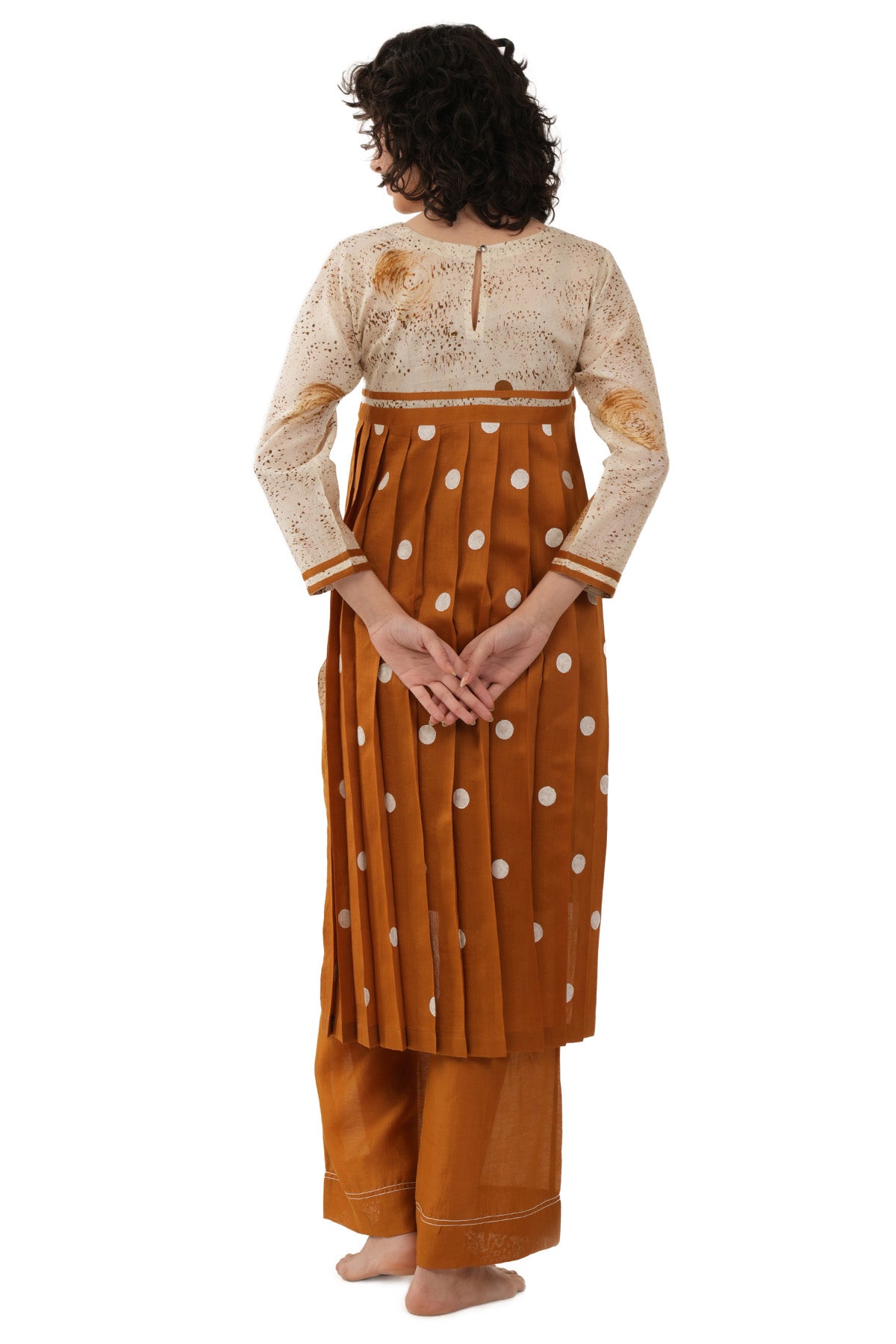 Rust Polka Pleated Kurta & Pant
