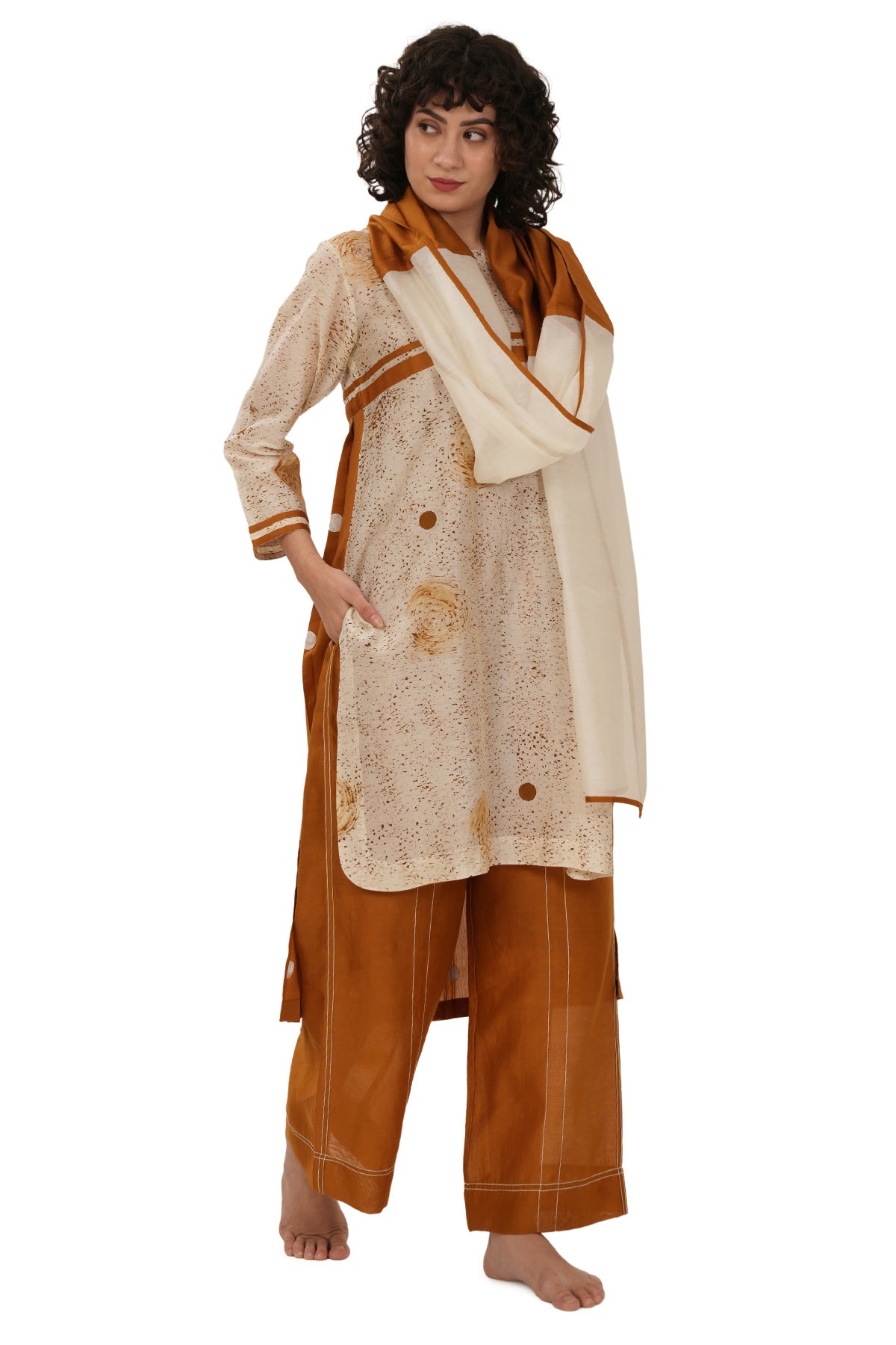 Rust Polka Pleated Kurta Set