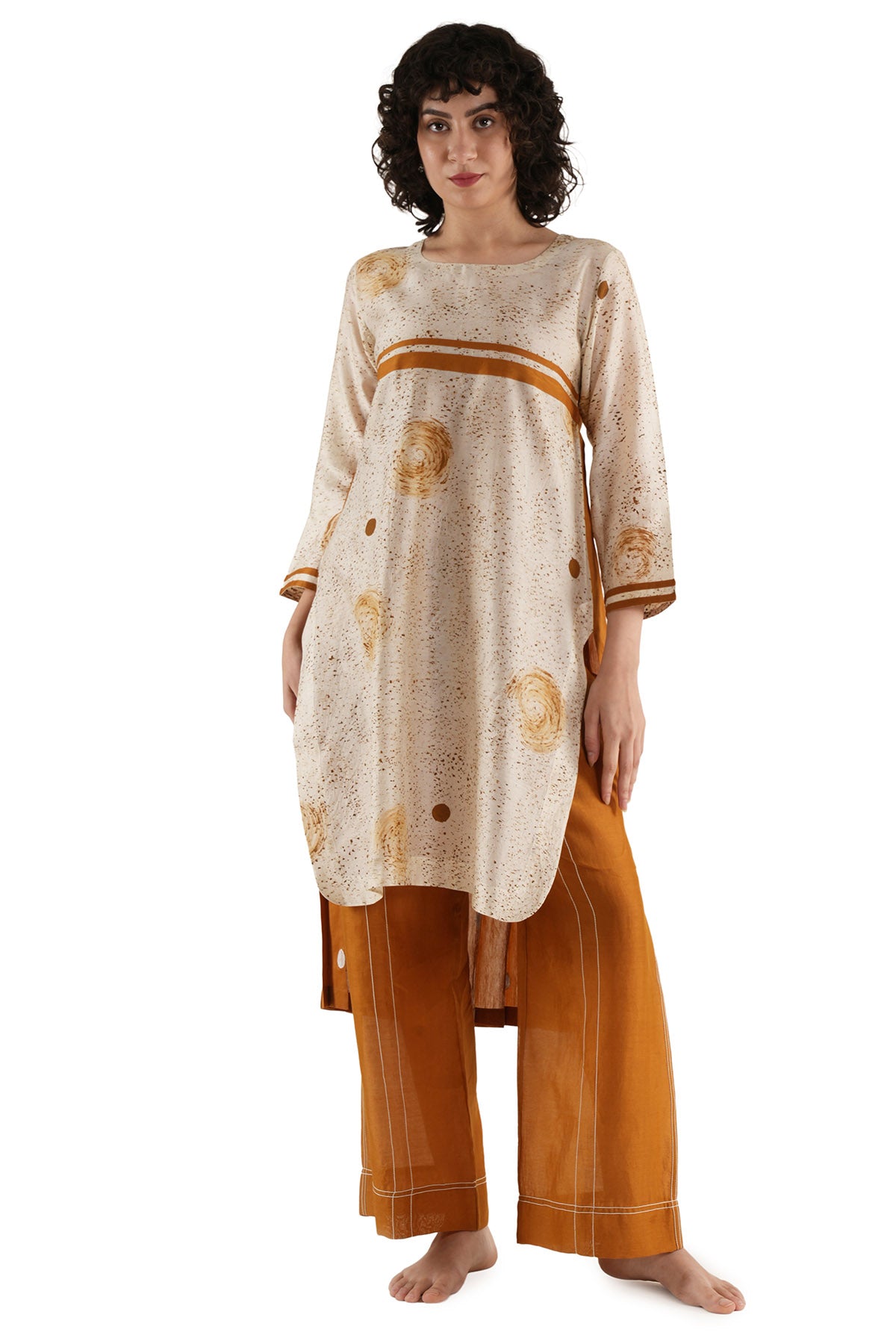 Rust Polka Pleated Kurta Set