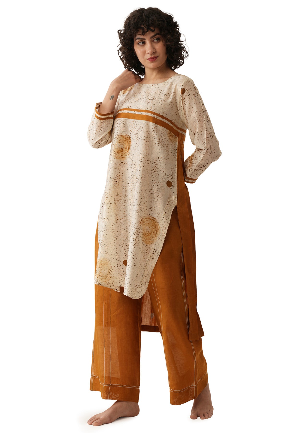 Rust Polka Pleated Kurta Set
