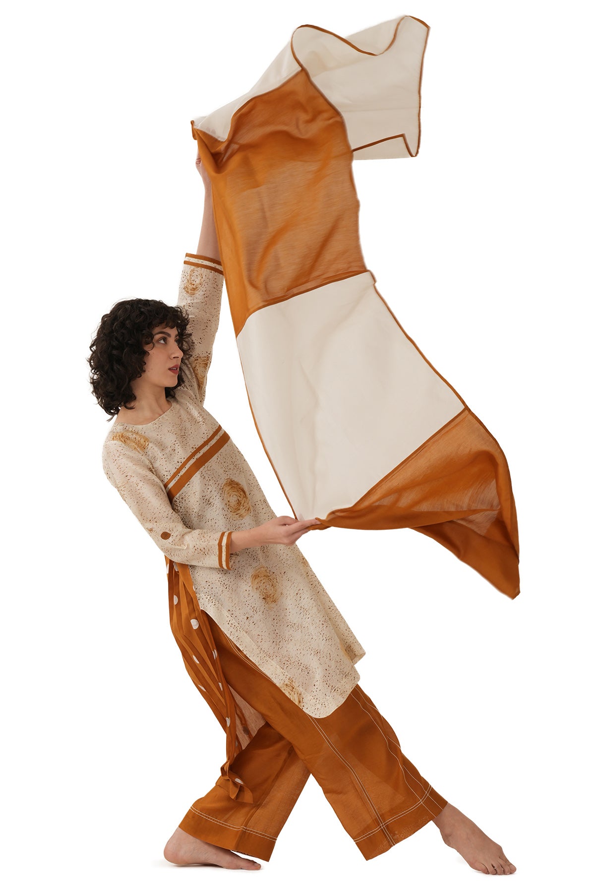 Rust Polka Pleated Kurta Set