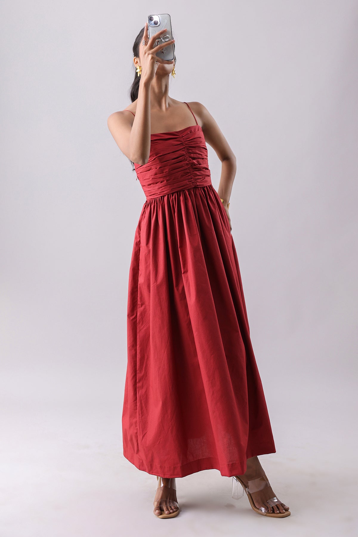 Rust Poplin Ruched Maxi Dress