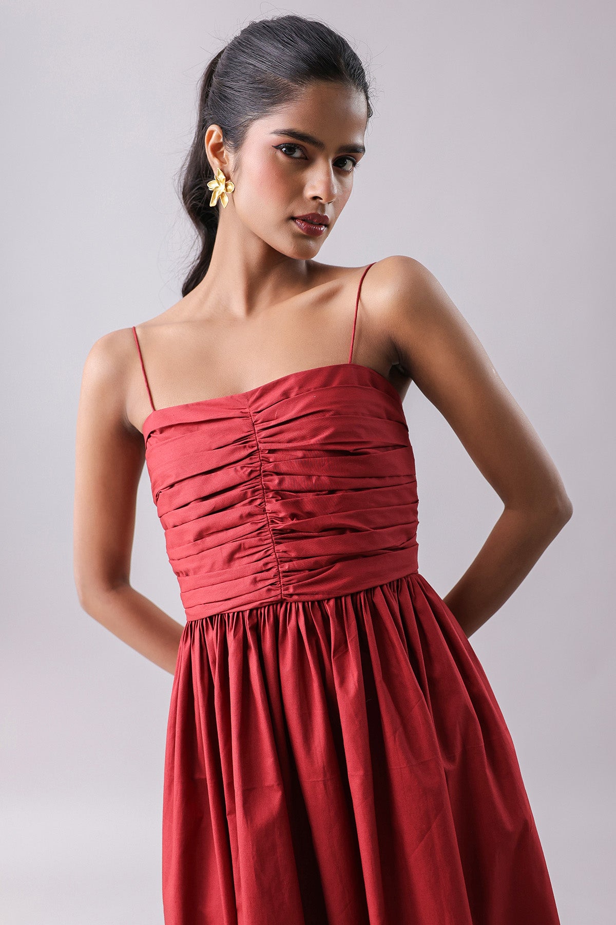 Rust Poplin Ruched Maxi Dress