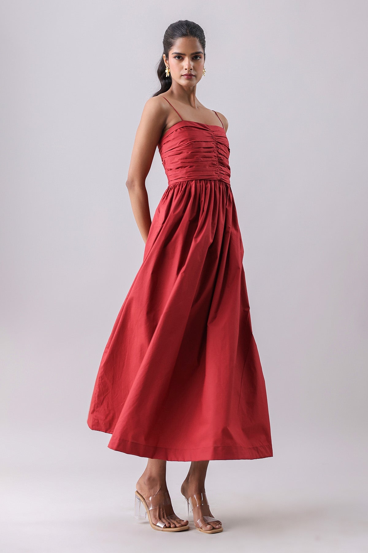 Buy Rust Poplin Ruched Maxi Dress by Why Look West for women online at ScrollnShops