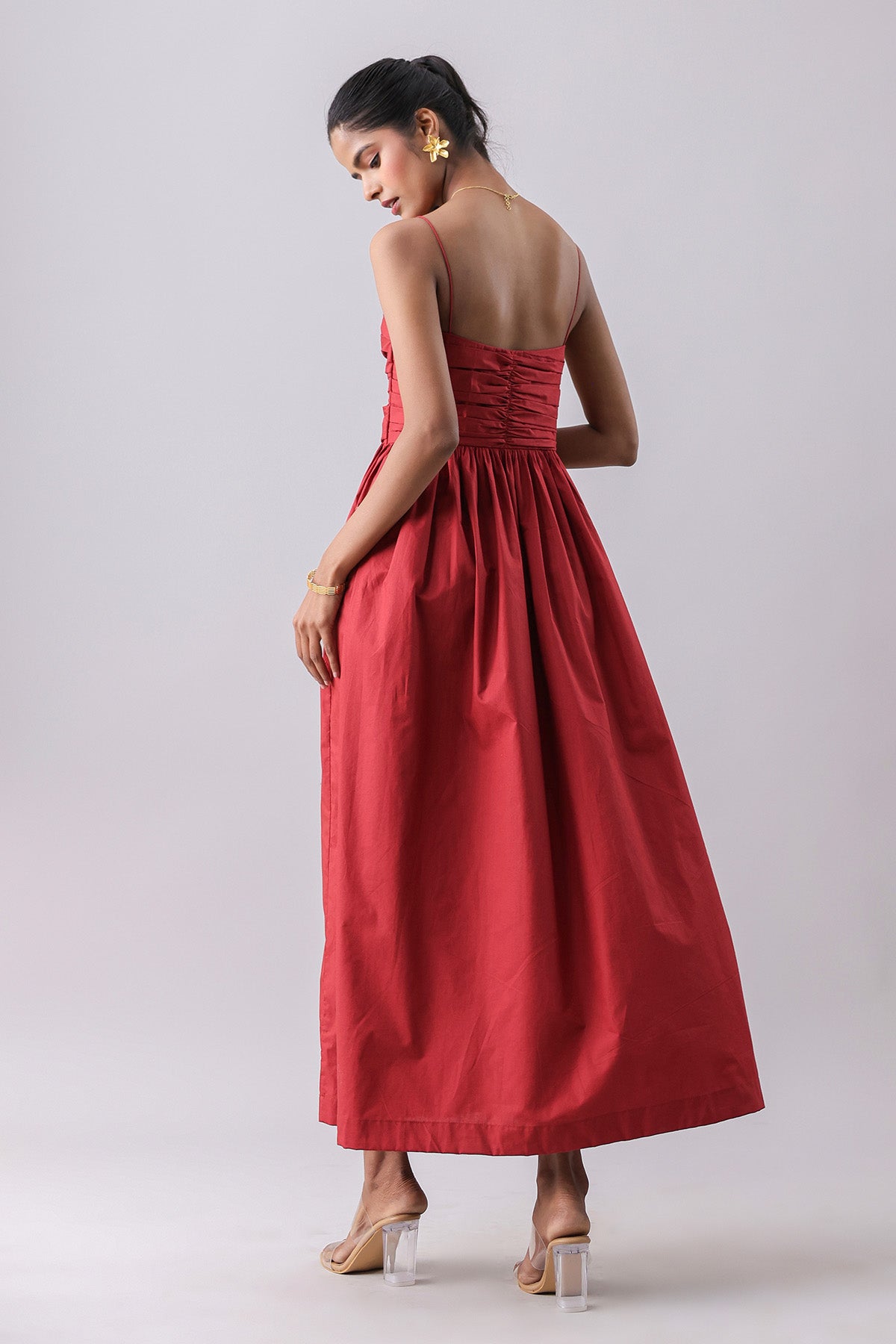 Rust Poplin Ruched Maxi Dress