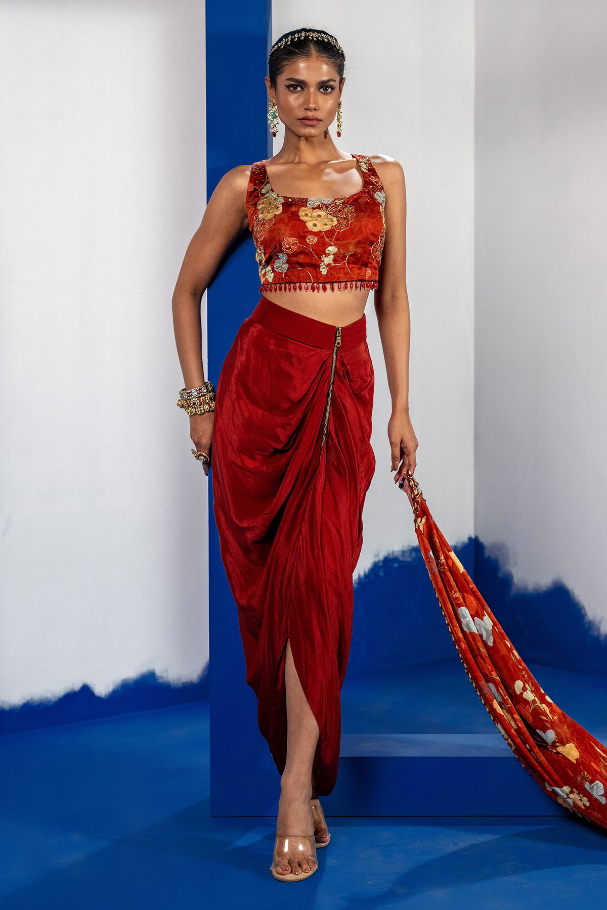 Rust Print Embroidered Cape Set